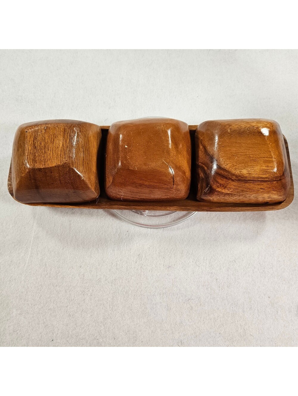 Vintage Wood Serving Tray Set 3 Bowls Philippines Mahogany Condiment Snack - Picture 3 of 12